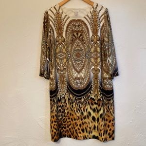 Chico’s Knit Shift Dress Gold White Mixed Print 3/4 Sleeves Size XXL